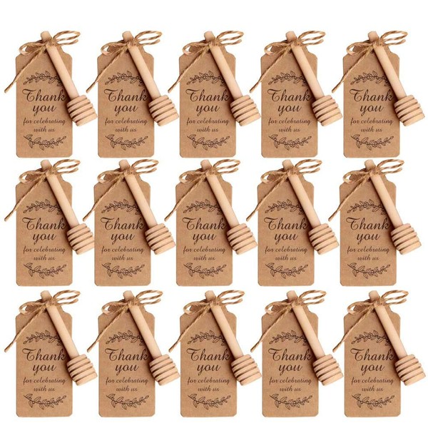 Amajoy Pack of 50 Teaspoons Small Wooden Honey Sticks with Thank You Card Mini Honey Shaker 8 cm Wooden Spoon for Honey Jars for Favors Thanksgiving Wedding Christening