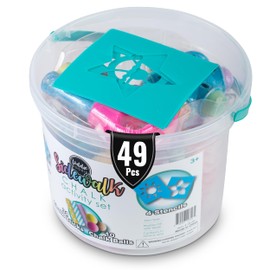 Loddie Doddie Loddie Doddie 49pc Sidewalk Chalk Bucket C Outdoor Activity Play Set for Kids, 31 Assorted Chalk Sticks, 4 Holders, 10 Ball Refills, 4 Stencils, Washable, Reusable Bucket