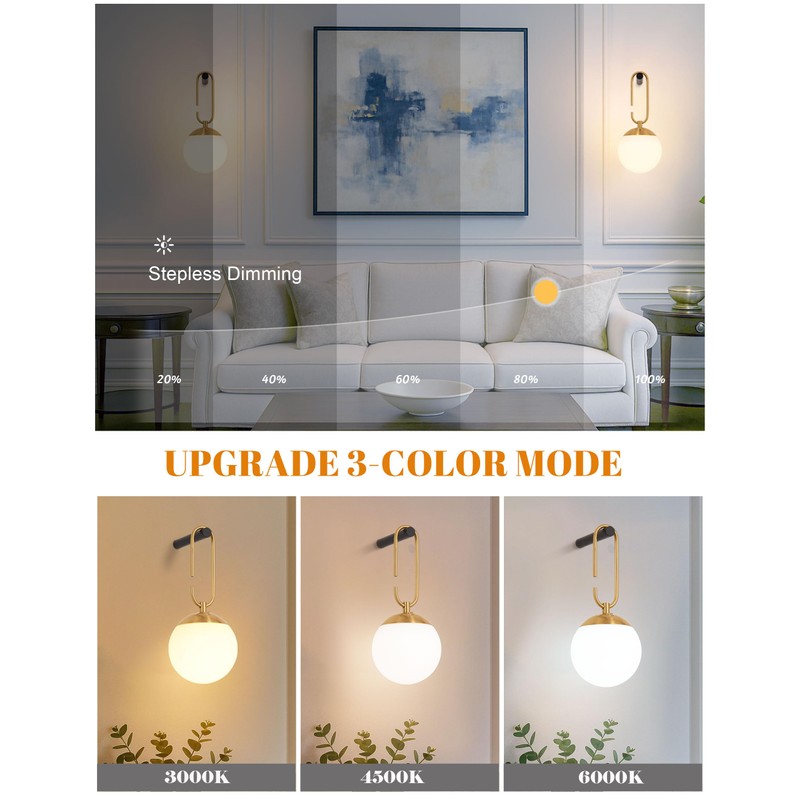 MSTETO Globe Wireless Wall Sconces Set of Two, Battery Operated