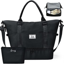 Weekender Bag Travel Bag for Women Overnight Duffel Bag with with Shoes Compartment and Toiletry - Color: black, Style: Travel Bag With Toiletry Bag