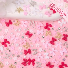 3D Bow Nail Charms and Rhinestones, Pink Color Acrylic Bows for Nails Alloy Butterfly Nail Charms, Silver Gold Butterfly Nail Charms Bow Tie Flowers Charms for Nails Y2K DIY Nail Art Accessories
