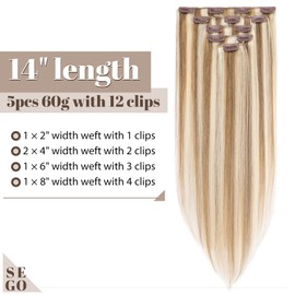 SEGO Clip in Hair Extensions Real Human Hair for Women, Silky Straight Natural Remy Hair Clip in Extensions 5PCS with 12 Clips Double Weft (22 Inch #12/613 Golden Brown Mix Bleach Blonde)