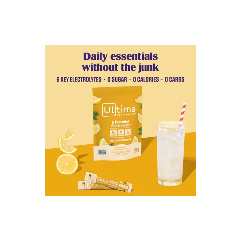 Ultima Replenisher Bebida Polvo Electrolitos Diarios Azúcar Sabor Limonada Sobres