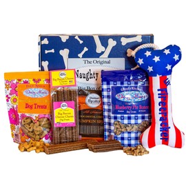Naughty Spotty Dog Treat Gift Box Set with Lil' Firecracker Plush Toy, Natural Treats and Chews for Medium/Large Dogs (Patriotic Theme, Peanut Butter Blueberry, Bacon Cheese, and Pumpkin Flavors).