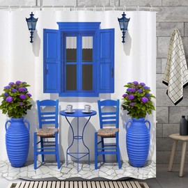GOOESING Summer Travel Shower Curtain House Flowers Window Image Greek Design Landscape Shower Curtain with Hooks Navy Blue and White Bathroom Decor Washable Waterproof Fabric 180x180cm