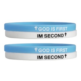 LIU JUN God Is First Bracelet, GOD IS FIRST IM SECOND Christian Rubber Bracelets Inspirational Engraved Bible Verses Cross Silicone Bracelet For Women Men Faith Gifts (2pcs blue-white)