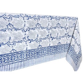 ATOSII ‘Santorini’ 100% Cotton Fall Tablecloth, Handblock Print Blue Rectangle Table Cloth for Kitchen I Dining Table Linen I Parties Wedding Christmas Thanksgiving I Fall Decor 60 X 90 Inches