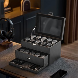 ProCase 20 Slot Watch Box for Men, 3-Layer Watch Display Case with Glass Lid, Watch Holder with Drawer, Jewelry Storage Organizer for Watches Straps Rings -AllBlack