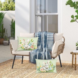 Bonhause Spring Bunny Cushion Covers 30 x 50 cm Rabbits Floral Green Decorative Throw Pillow Covers for Sofa Couch Bed Home Garden Patio Easter Decor Set of 2
