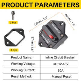 DMiotech 60A Circuit Breaker, 12-48V DC Automotive Inline Fuse Holders Inverter with Reset Button Rubber Shell for Car Marine Boat Audio System Overload Protection