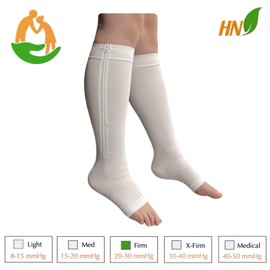 HealthyNees Seniors Care 20-30 mmHg Zipper Compression Leg Calf Open Toe Socks (White, Large-X-Large)