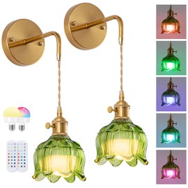 Vintage Battery Operated Wall Light with Remote, RGB Dimmable LED Wall Light Set of 2, Rechargeable Battery Powered Wall Lights with 15 Colors for Bedroom, Living Room, Home Decor