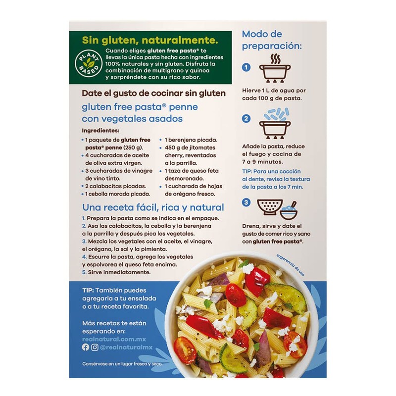 Real Natural, GLUTEN FREE PENNE QUINOA MULTIGRANO, 340 gramos