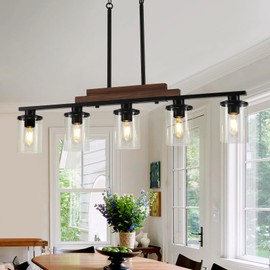 5-Light Dining Room Light Fixture Over Table, Farmhouse Kitchen Island Lighting, Linear Chandelier with Clear Glass Shades, Modern Rustic Wood Chandelier with Adjustable Height