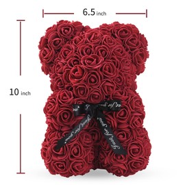Gifts for Women - Rose Bear - Rose Flower Bear Hand Made Rose Teddy Bear - Gift for Valentines Day, Mothers Day, Wedding and Anniversary & Bridal Showers - w/Clear Clear Gift Box 10 Inch
