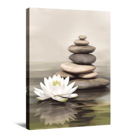KPLUNDO Zen Wall Art Lotus Canvas Print Bathroom Decor Spa Stone Picture Meditation Painting Vintage Artwork for Spiritual Room Living Room Office Modern Home Decor Frame(Art-3,12.00x18.00 inch)