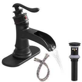 BATHLAVISH Bathroom Faucet Black Waterfall Farmhouse Single Hole Matte Black Sink Vanity Lavatory with Pop Up Drain with Overflow Deck Mount Single Handle Basin Mixer Tap