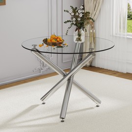 NicBex Small Dining Table Elegant 39" Round Dining Table Counter Height Table with Glass Tabletop and Metal Trestle Legs for Kitchen, Dining Room and Restaurants, Silver