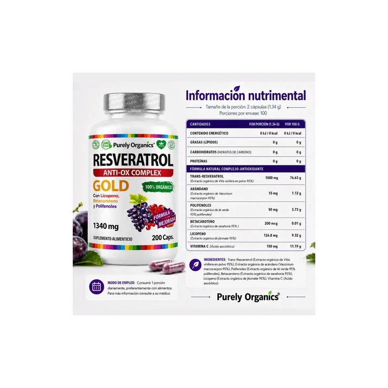 Resveratrol Gold 200 Cápsulas Suplemento Antioxidante Transresveratrol Complejo Antioxidantes Polifenoles