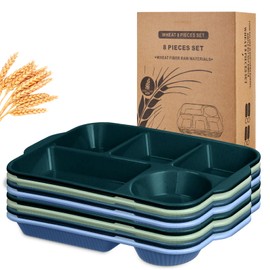 Pinkunn 8 Pcs 13'' Large Divided Plates Unbreakable Wheat Straw Dinnerware Lunch Trays Lightweight Reusable Plastic Compartment Microwave Dishwasher Safe Separator Plates(Retro)