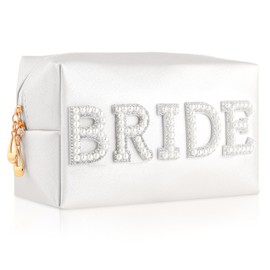 Prasacco Makeup Bag, Bride Pearl Letters Make Up Bag, Travel Cosmetic Bag Made of PU Leather, Portable Makeup Bag for Women Girls, Bridesmaid, Gifts for Bridal Shower, Wedding