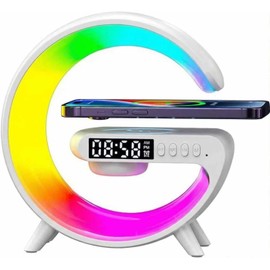 Htoxsdc Mini Smart LED Table Lamp, 4-in-1 Wireless Charger, Wireless Charger with Speaker,Night Light, Alarm Clock, and Bluetooth Speaker for Bedroom and Home Decor (White)