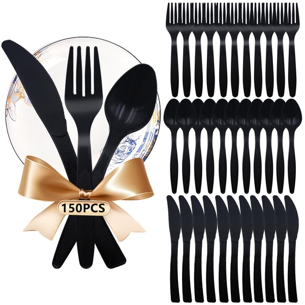 Pack of 150 Plastic Cutlery Party Cutlery Plastic Knives Forks Spoons 50 Pieces Each Party Cutlery Reusable Plastic Cutlery Black Set for Family Celebrations Outdoor Dinner