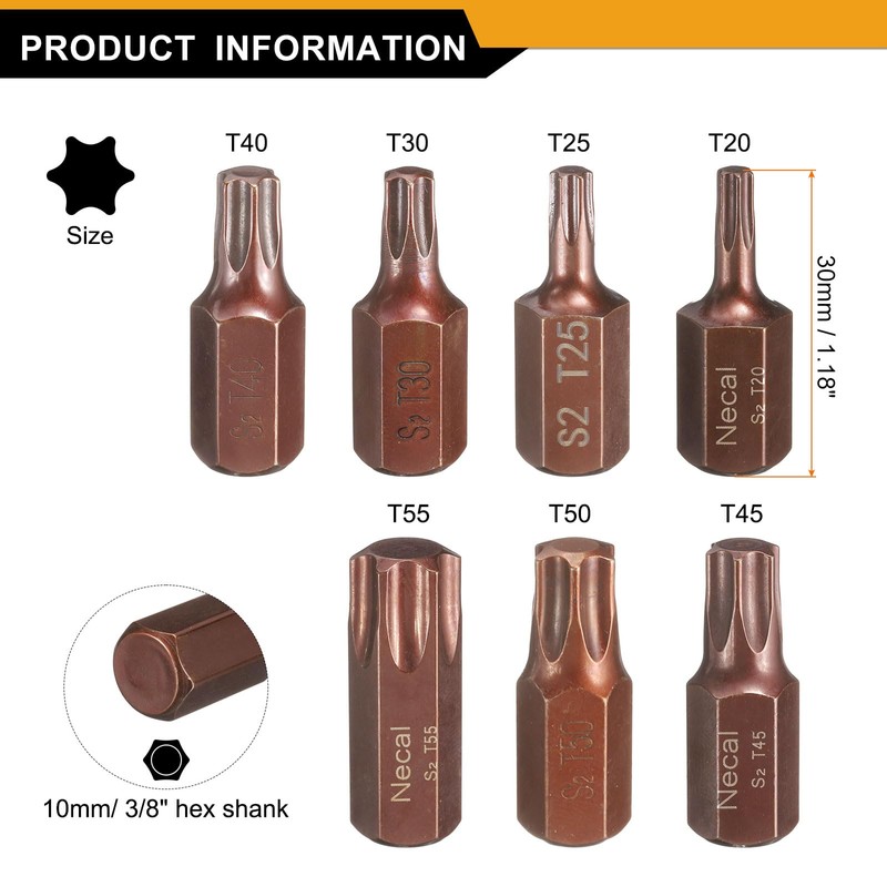 sourcing map 7pcs T20/T25/T30/T40/T45/T50/T55 Torx Screwdriver Bit 10mm Hex Shank