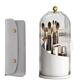 Makeup Brushes Holder Lipstick Storage with Lid,Dustproof Rotating Makeup Brush Organiser with Portable Makeup Brush Bag,Small Cosmetic Organisers 3 Slot Make up Brushes Cup for Lipstick,Eyeliner,Bru