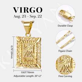 KissYan Zodiac Pendant Necklace for Women Men, 14K Gold Plated Square Constellation Sign Horoscope Figaro Chain Jewelry Birthday Gift, Copper, No Gemstone