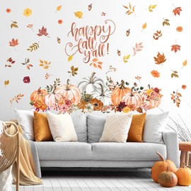 Happy Fall Yall Wall Decal Fall Pumpkin Maple Nuts Wall Stickers Decor Removable Autumn Pumpkin Wall Decal for Home Classroom Kids Birthday Thanksgiving Christmas Party Supplies