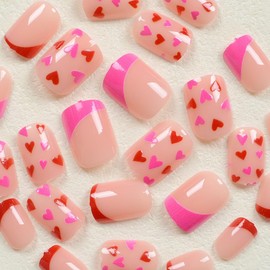 24Pcs Love Heart Press on Nails Valentine Short Square Fake Nails with Red Pink Heart Design Glue on Nails Reusable French Tip False Nails Pink Acrylic Stick on Nails for Women Girls Manicure