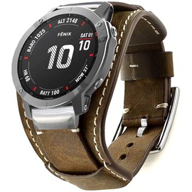 Sjiangqiao Leather Bands Compatible with Garmin Fenix 6X/6X Pro/5X/5X Plus/3/3 HR/Sapphire/D2/ Foretrek 601/701/Quatix 3/ Tactix Bravo Smartwatch, 26mm Quick Fit Genuine Leather Cuff Band(Coffee)