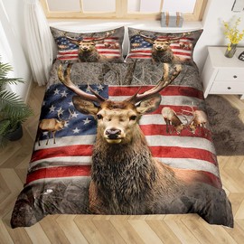 American Flag Deer Duvet Cover Set Twin Size, Kids Boys Room Decor Brown Wildlife Animal and Trees Theme Soft Bedding Set, USA Flag Print Natural Quilt Cover with 1 Pillowcase, (No Comforter)