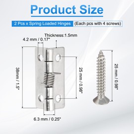 PATIKIL 2 Pcs Spring Loaded Hinges, 1.5" 304 Stainless Steel Self Closing Small Door Hinges with Screws for Cabinet Door