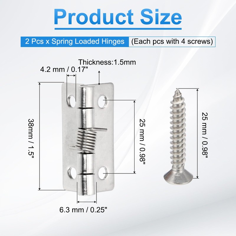 PATIKIL 2 Pcs Spring Loaded Hinges, 1.5" 304 Stainless Steel