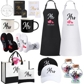 Singhoow 15 Pcs 2025 Wedding Gift Mr and Mrs Gifts for Couples Set, Mr and Mrs Aprons Wedding Honeymoon Bridal Shower Cooking Gifts Ideas for The Bride and Groom Engagement Newlywed Anniversary Travel