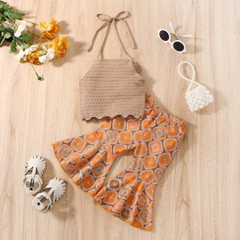 Toddler Baby Girl Summer Clothes Boho Halter Crochet Top and Rustic Bell Bottoms Vintage Outfits (Knit Khaki,18-24 Months)