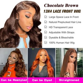IVYJOYNA 26 Inch Chocolate Brown Lace Front Wig 200% Density Body Wave Lace Front Wigs Human Hair 13x4 HD Lace Frontal Wigs Human Hair Pre Plucked with Baby Hair Colored 4# Brown Wig Human Hair Wigs