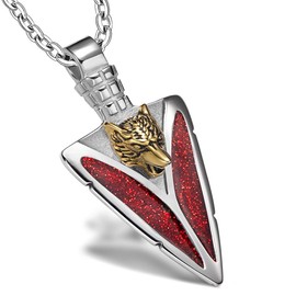 Wolf Arrowhead Necklace - Wolf Protection Necklace - Stainless Steel Jewelry - Spearhead Protection Amulet - Necklaces for Men and Women - Wolf Tooth Pendant (22 Inch Chain, Sparkling Gold Tone Red)