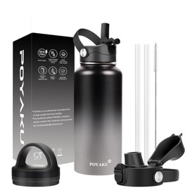 Water Bottle Insulated 32oz 40oz 64oz 128oz Straw Lid Spout Lid & 3 Lids, Leak Proof, Vacuum Insulated,Stainless Steel Water Bottle Wide Mouth for Sports, Gym or Office (Shadow, 32 oz)