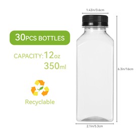 Party Club of America 30pcs 12oz Square Empty Reusable Juice Bottles With Caps,Label, Funnel, And Brush Drink Containers For Juicing Milkshake And Other Beverages