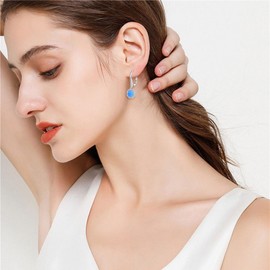 Rocayi Blue Opal Dangle Drop Earrings for Women 925 Sterling Silver Round Opal Leverback Earrings Gemstone Jewelry for Women