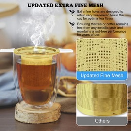 Tea Infuser for Loose Leaf Tea, Extra Fine 304 Stainless Steel Tea Strainer Stepper with Heat-Resistant Silicone Handles and Lid, Large Capacity Tea Basket Filter for Mug, Cup (Gold)