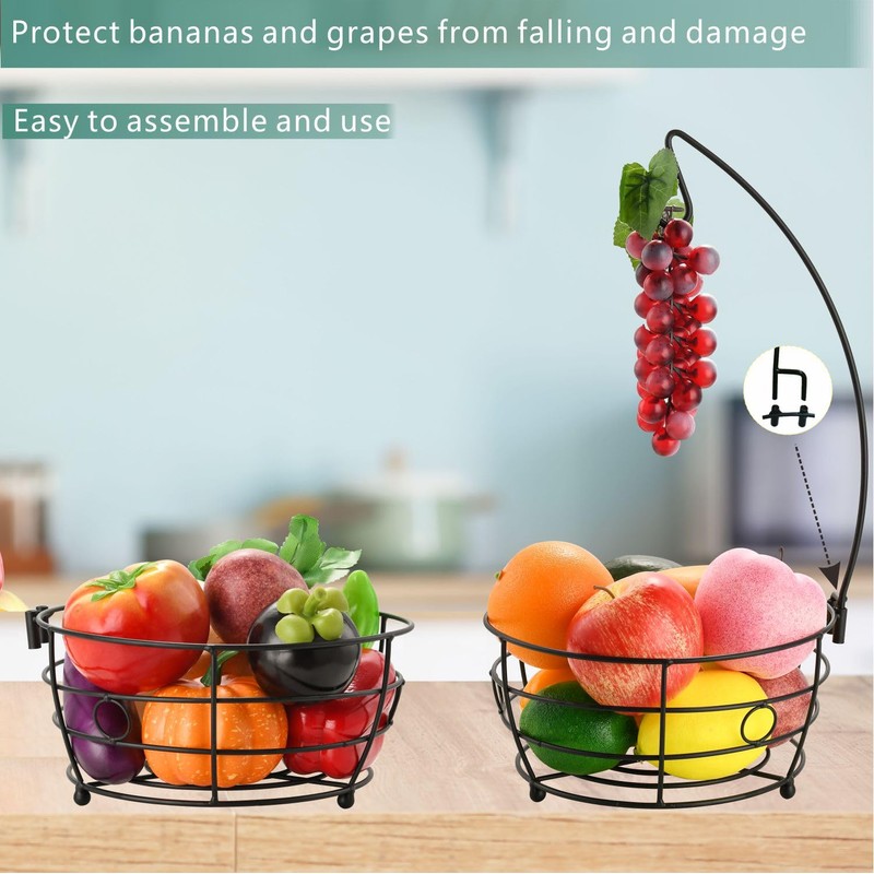 DIYZON Countertop Fruit Basket Bowl with Banana Hanger, Modern Standing