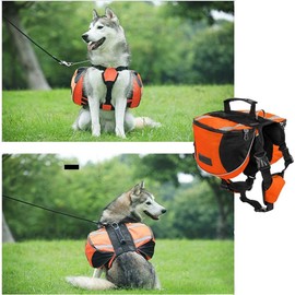 Saddle Bag Dog Backpack for Medium Large Dogs, Packing Bags Backpack for Travel Hiking Training, Reflective Waterproof Adjustable Harness Vest with Handle (Orange, M (Dog 18 kg - 28 kg)