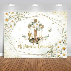 Mocsicka Mi Primera Comunion Backdrop First Holy Communion Baptism Backdrop for Boys Girls Green Daisy Gold Cross God Bless Christening Decorations Banner Photo Booth Props (7x5ft (82x60 inch))