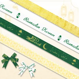 ABTOLS 4 Rolls 20 Yards Ramadan Ribbons, 3/8" Green White Grosgrain Ribbons for Wrapping Eid Mubarak Ramadan Lantern Ribbons Metallic Glitter Ribbon for Islamic Muslim Decor