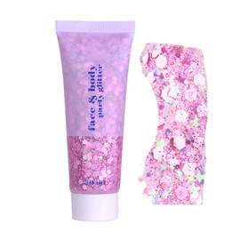 Body Glitter Gel 50 ml, Pink Chunky Mermaid Sequins Glitter Face, Festival Body Glitter, Durable & Waterproof Pink Face Glitter Make-Up for Face/Hair/Body/Nails, Party Masquerade Make Up