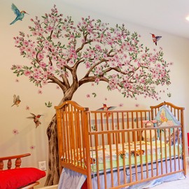 Runtoo Large Tree Wall Decals Pink Cherry Blossom Floral Wall Stickers for Nursery Living Room Bedroom Decor